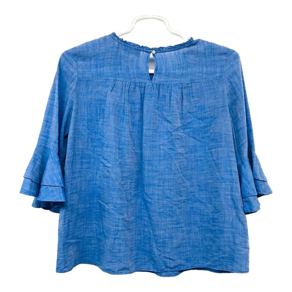 Ann Taylor Loft Chambray Top Size M Ladder Lace Crochet 3/4 Flutter Sleeve - Picture 7 of 7